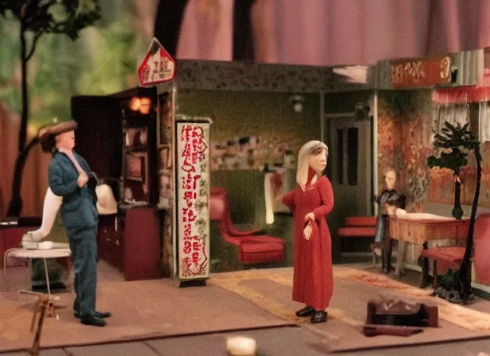 Prompt: Still frame from scene from the retro Twin Peaks made by doll miniatures diorama, directed by Nobuhiko Obayashi