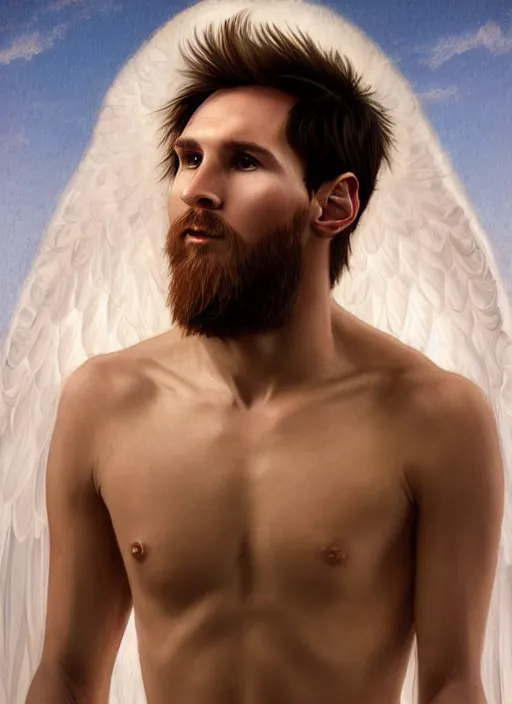 Image similar to portrait lionel messi male beautiful angel, full length shot, shining, 8 k highly detailed, sharp focus, illustration, art by artgerm, mucha, bouguereau