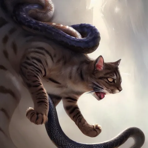 Image similar to digital painting of elegant but deadly feline cat with snake features hybrid, giant sepent furry cat chimera by Greg Rutkowski, magic the gathering concept art, trending on artstation, 4k resolution, ((in a super market Costco))