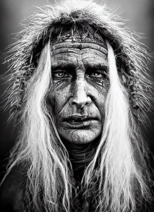 Image similar to Award winning Editorial photo of a Native Liechtensteiners with incredible hair and beautiful hyper-detailed eyes wearing traditional garb by Lee Jeffries, 85mm ND 5, perfect lighting, gelatin silver process