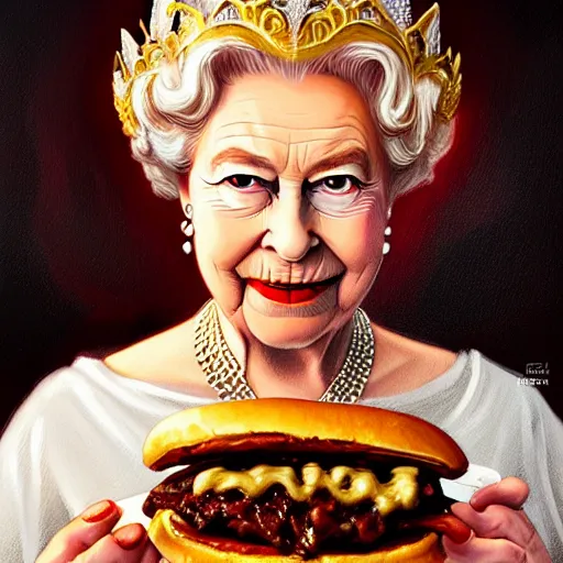 Image similar to Queen Elizabeth II eating cheesesteaks, dripping BBQ Sauce, serving burgers, D&D, spilling ketchup, fantasy, intricate, elegant, highly detailed, digital painting, artstation, concept art, matte, sharp focus, illustration, hearthstone, art by Artgerm and Greg Rutkowski and Alphonse Mucha