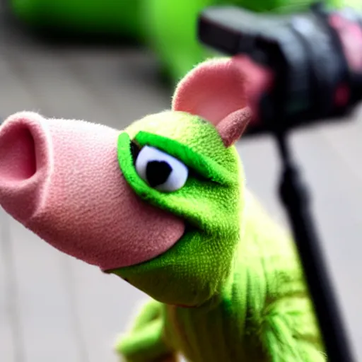 Image similar to DSLR photo of Kermit the Frog riding a pig