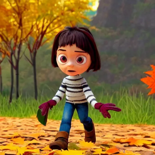 Prompt: a very cool and cute stopmotion animation character, a beautiful canadian woman, gardening, very attractive, spiky dark brown and grey hair, striped sweater, tight denim jeans, maroon doc marten boots, canadian maple leaves blowing about, mountains, autumn, unreal engine 5, 8 k, kubo and the two strings, disney, pixar,