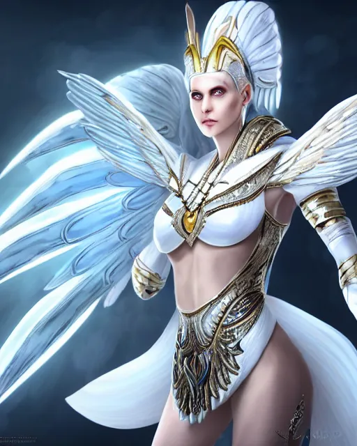 Image similar to perfect white haired egyptian goddess wearing white dove wings, warframe armor, regal, attractive, ornate, sultry, beautiful, charlize theron, half asian, pretty face, blue eyes, illuminated, scifi platform, 4 k, ultra realistic, epic lighting, cinematic, masterpiece, art by akihito tsukushi, voidstar, trending on artstation