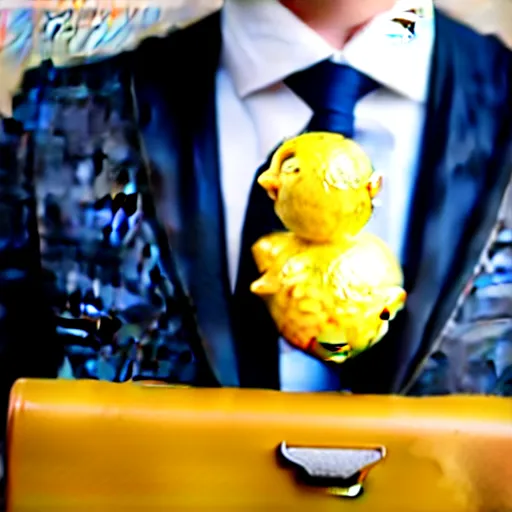 Prompt: photo of a lemon character, with a business suit on, alking to work with a briefcase, 24 mm lens