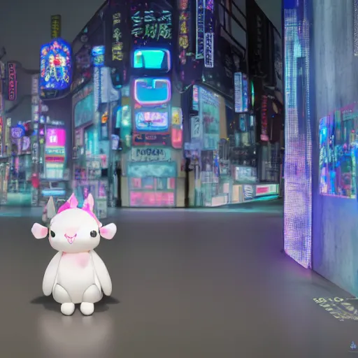 Prompt: cute fumo plush hologram in neo - tokyo, concept art, vray, reflection and caustics