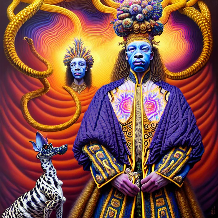 Image similar to beautiful oil painting, full length portrait of zulu dauphinois in baroque coronation robes 1701, Dan Mumford, Dan Mumford, Alex grey, hyacinthe rigaurd, highly detailed , lsd visuals, dmt fractal patterns, visionary art, psychedelic art, ornate, vaporwave, baroque, Greg rutkowski