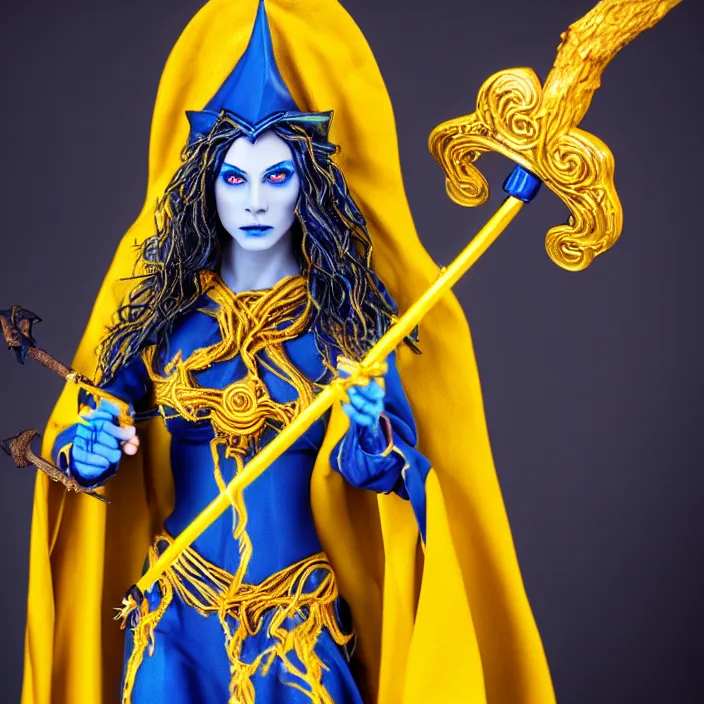 Image similar to photograph of a real - life beautiful!! elemental lightning witch with ornate yellow and blue robes and staff. extremely detailed. 8 k