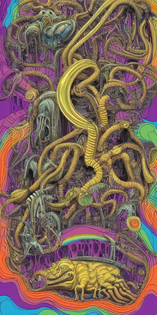 Prompt: futuristic dinosaurs and happy moose dissolving into melted liquid braids, cubensis, aztec, basil wolverton, r crumb, hr giger, mc escher, dali, muted but vibrant colors, rainbow tubing, exposed gold wires, graffiti