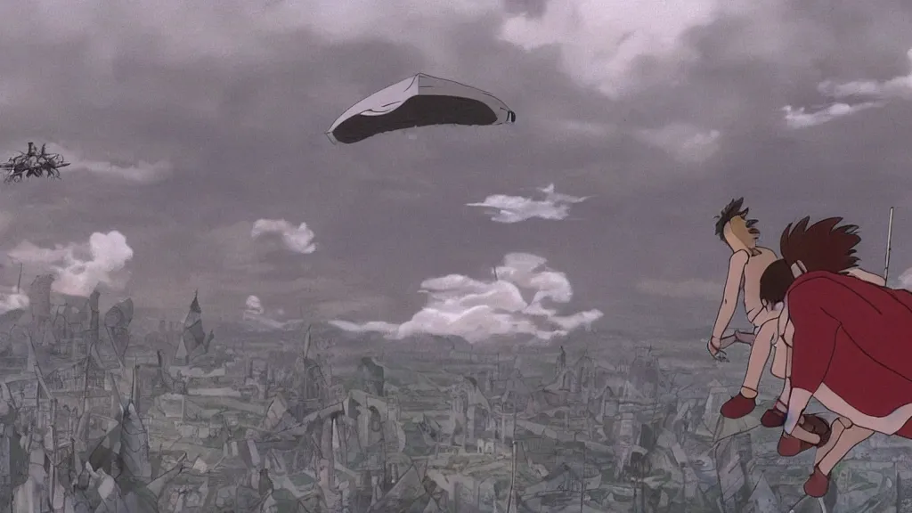 Prompt: a cell shaded cartoon movie still from princess mononoke ( 1 9 9 7 ) showing a ufo from independence day ( 1 9 9 6 ) in the air above a city. very dull muted colors, hd, 4 k, hq