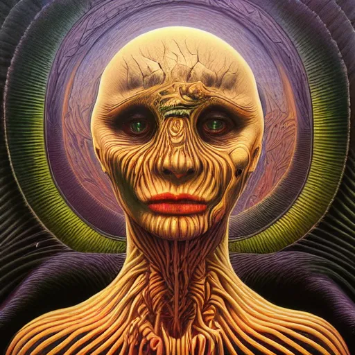 Image similar to HER AFTER LIFE FROM A MIRROR by jacek yerka, alex gray, zdzisław beksiński, dariusz zawadzki, jeffrey smith and h.r. giger, oil on canvas, 8k highly professionally detailed, trending on artstation