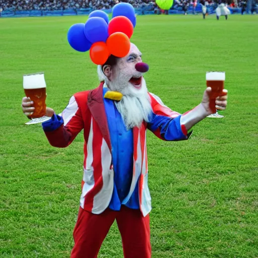 Image similar to silly little grumpy man clown with a beer in front of a soccer match