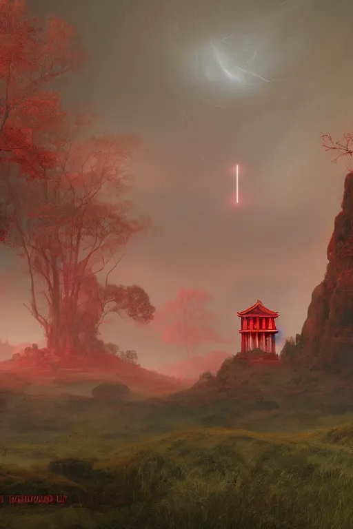 Image similar to red ancient temple, green hills, star trails, dramatic lighting, artstation, matte painting, caspar david friedrich, simon stalenhag