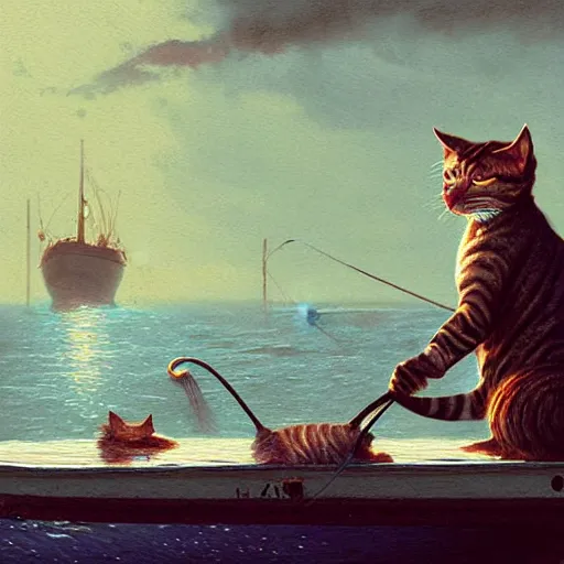 Prompt: fisherman cat, cat fishing from boat, digital art by Greg rutkowski