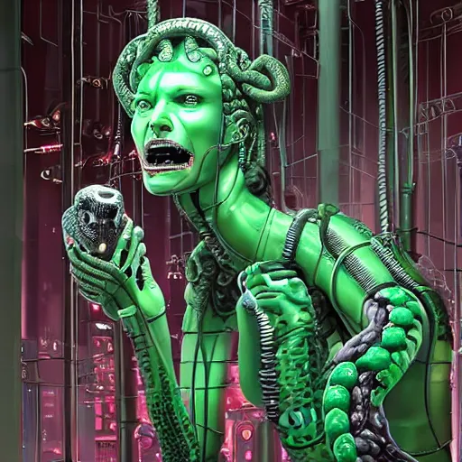 Image similar to the upper torso of a terminator gorgon medusa with borg implants and robotic snakes coming out of her head is hanging from cables and wires off the ceiling of a lab. Her bottom half is missing with cables hanging out. Tiny green led lights in her cybernetics. She is taking a sip from a cup of coffee. very detailed 8k. Horror cyberpunk style.