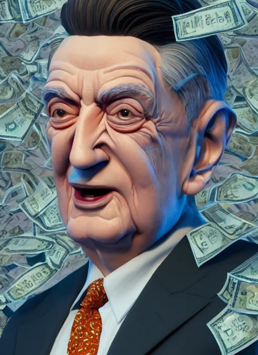 Image similar to colourful caricature - 3 d vfx art - portrait of a george soros with money all around hime, art style by james jean & hsiao - ron cheng, character concept art, unreal engine render, digital illustration, sharp, intricate detail, volumetric light, ray tracing, soft light, symmetric, pinterest, artstation, behance,