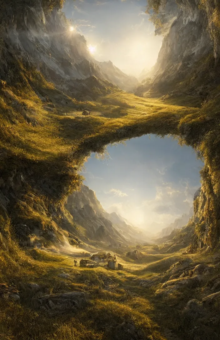 Prompt: a highly detailed light portal within a swiss landscape, detailed, hyperreal phantastic, intricate details in environment, luminance, golden ratio, high aestehtic, cinematic light dramatic light, godrays, distance, photobash, wideangle, terrence malick, hyperreal 4 k