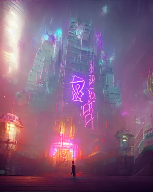 Prompt: buddhist cyber punk temple in the style of andree wallin, bastien grivet, tomasz strzalkowski ambient lighting, unreal engine 5, neon light, trending on art station