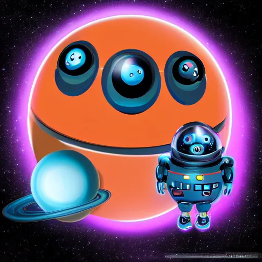 Image similar to funny spherical robot with two eyes and smile, cyberpunk, stars and space on the background,