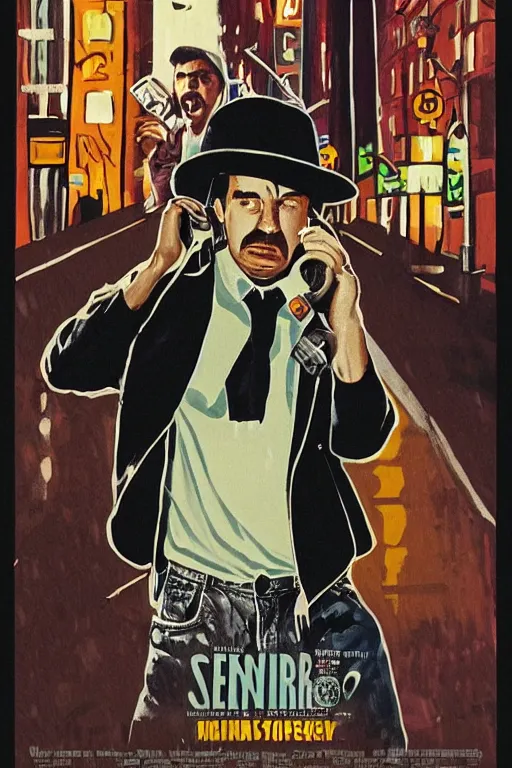 Image similar to an award - winning movie poster for a movie called senor featuring a junkie making a payphone call in a thunderstorm in queens at night in the 1 9 9 0 s