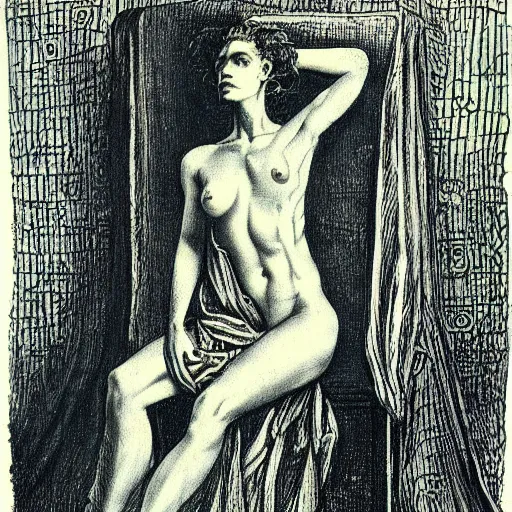 Prompt: A beautiful print. Her cell is as bare as mine. She is sitting in the middle, hugging her knees, wrapped in a toga-like garment. by Austin Osman Spare natural