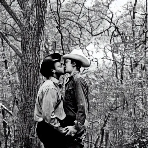 Prompt: cowboys kissing on the woods, 8 0 s, film photograph