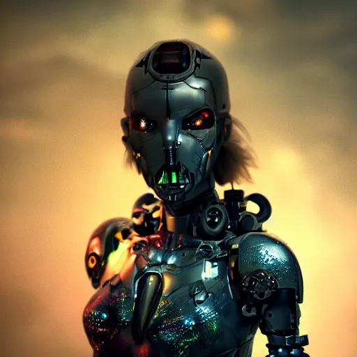 Prompt: masterpiece closeup portrait of a beautiful girl cyborg-armored in a surreal dream landscape, cinematic lighting, Marco Plouffe, 8k