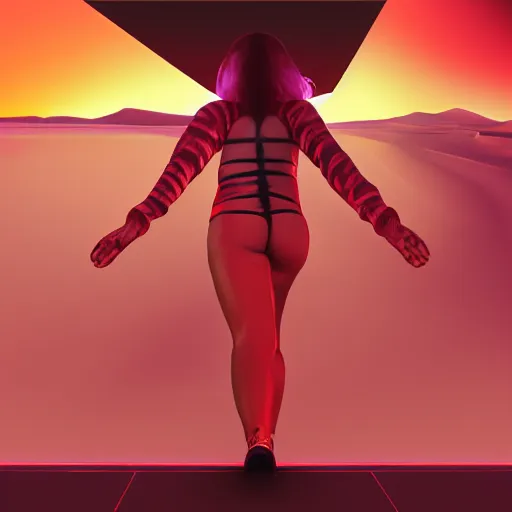 Image similar to A wide angle shot from below of a feminine body walking with swagger towards camera on mars in an infinite universe , synthwave digital art