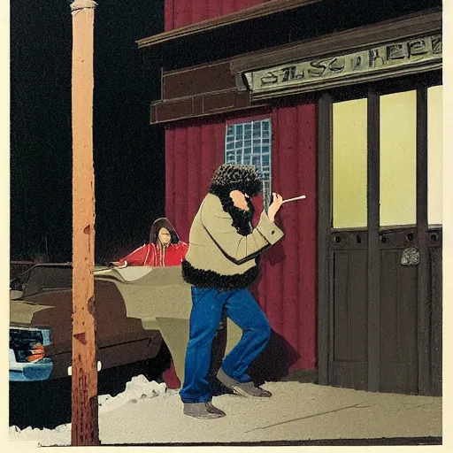 Image similar to 1 9 7 0 : a hirsute broad man in a { denim shearling jacket } smokes a { lit cigarette } outside a lonely bar in queens at 1 am, high quality high detail art by angus mcbride & n. c. wyeth, hd, realistic, photorealistic lighting, composition inspired by gregory crewdson.