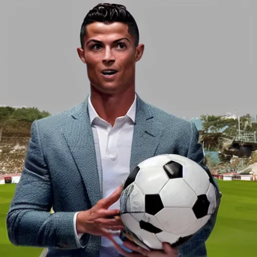 Prompt: a movie still from the antiques roadshow, cristiano ronaldo with a priceless soccer ball, uhd, 8k,