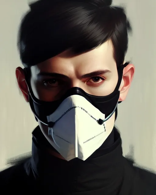 Image similar to a ultradetailed beautiful panting of a european young man wearing black medical mask and black long coat, by ilya kuvshinov, greg rutkowski and makoto shinkai, trending on artstation