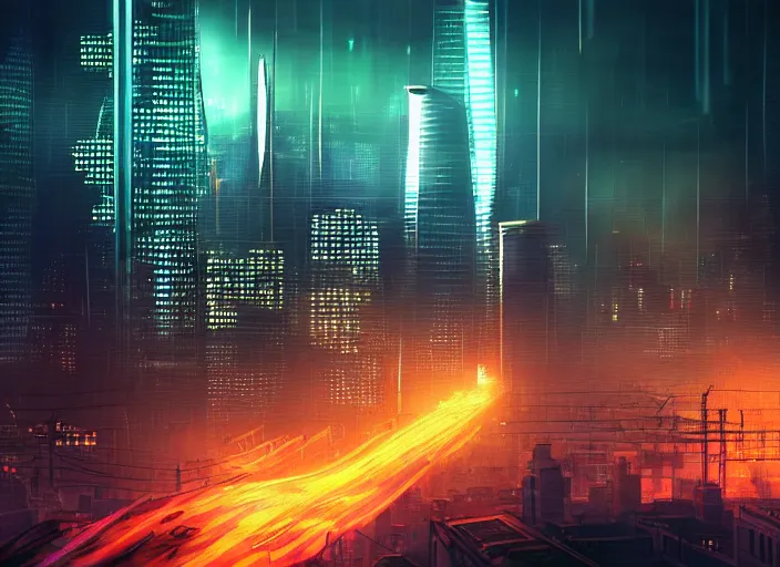 Image similar to cyberpunk scifi scene of san francisco skyline at night, artstation, matt painting, very detailed, maximalism, ambient occlusion, volumetric light, atmospheric haze, unreal engine, hyper realism, realistic shading, cinematic composition, realistic render, octane render, detailed textures, photorealistic, wide shot