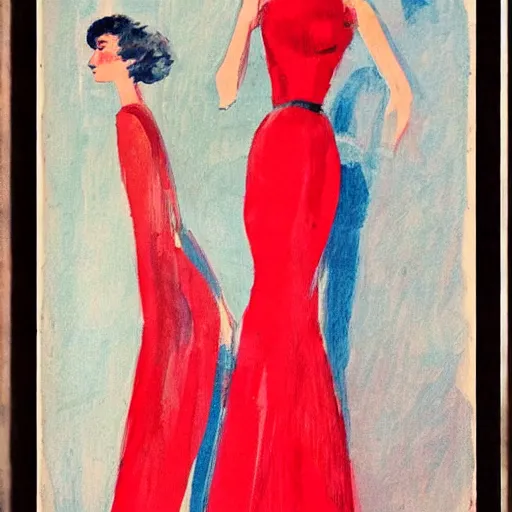 Image similar to a saturday post illustration of a french fashion model posing in a red dress by coby whitmore