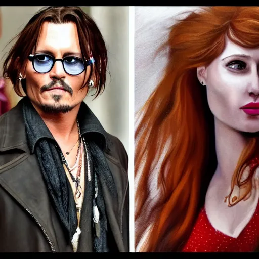 Image similar to portrait of johnny depp with his new girlfriend ginger hair woman detailed face detailed 8 k