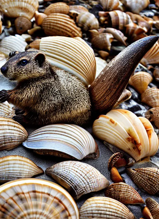 Prompt: how much wood would a woodchuck chuck if a woodchuck sold sea shells down by the sea shore, realistic, photograph, highly detailed