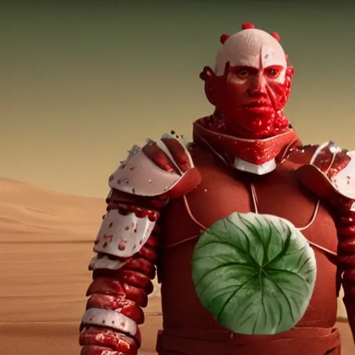 Image similar to a male humanoid giant has skin that looks like red and white hard candy, the giant is wearing a peppermint armor and his back has wings made of mint leaves, the giant has a christmas present in his hand, cinematic dune movie still