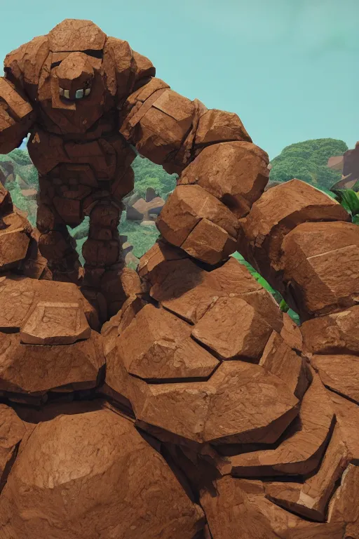 Image similar to a chunky brown rock golem made of hexagonal rocks with broad shoulders and a short thick neck, unreal engine, path tracing