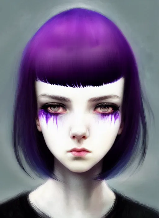 Image similar to hair blackbangs hair, white hair, blackbangswhitehair, portrait of teenage girl with black bangs, red irises, purple clothes, black bangs, bangs are white hair is black, intricate, elegant, glowing lights, highly detailed, digital painting, artstation, concept art, sharp focus, illustration, art by wlop, mars ravelo and greg rutkowski