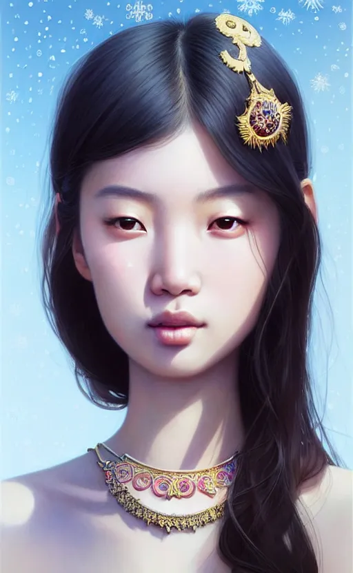 Image similar to a beautiful young charming asian goddess with sundress + jewelry + shinny eyes | | winter, symmetric, realistic shaded, unpleasant face, good looking, fine details, dior, lv, realistic shaded lighting poster by greg rutkowski, macoto takahashi, magali villeneuve, artgerm, jeremy lipkin and michael garmash