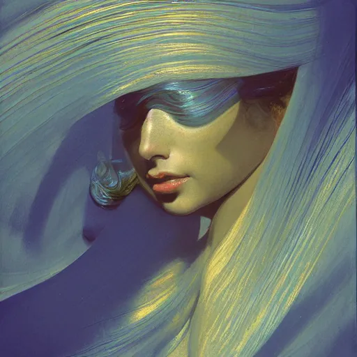 Image similar to a chrome woman's face in flowing sheets of cobalt blue gold chrome tpu silver satin, by moebius syd mead roger dean wojciech siudmak donato giancola yoshitaka amano ivan aivazovsky jan de heem pieter claesz paul delaroche alma tadema aelbert cuyp, hyperrealistic volumetric light render