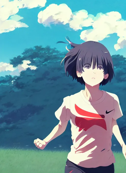 Image similar to portrait of high school runner girl, sunny sky background stadium landscape illustration concept art anime key visual trending pixiv fanbox by wlop and greg rutkowski and makoto shinkai and studio ghibli and kyoto animation symmetrical facial features short hair sports clothing marathon race nike shirt