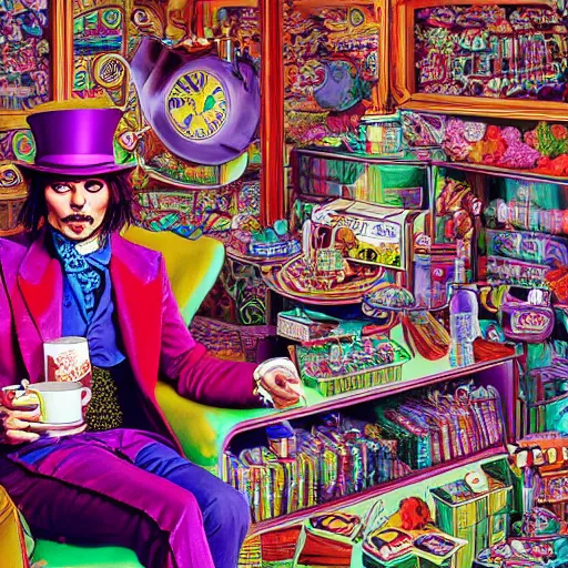 Image similar to Johnny Depp is covered in a blanket and drinking tea in Willy Wonka's Chocolate Factory, Illustration, Colorful, insanely detailed and intricate, super detailed, by Kyle Lambert
