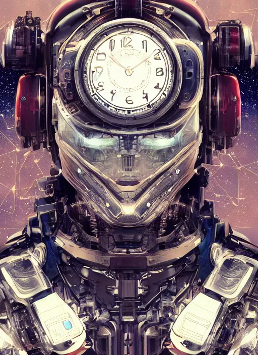 Image similar to photo of a robot made of clock parts, scifi, nebula reflections, stars, professionally color graded, 8 k high definition, insanely detailed, intricate, innocent, art by akihiko yoshida and artgerm