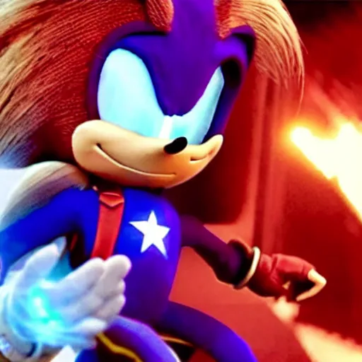Image similar to The famous scene in the Avengers when Sonic the Hedgehog finally arrived to the fight and beat Thanos, movie sonic, extremely detailed with lots of background explosions and effects, grinning, wearing red gloves, 4k, 8k, HDR