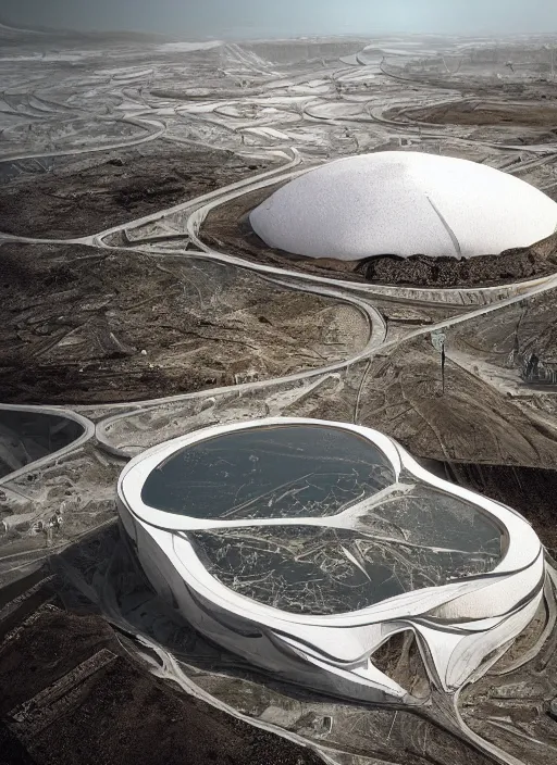 Image similar to bioremediation transparent white architecture, in the mining tailings of chuquicamata, epic, cinematic, hyperealistic, high detailed, corona render, hdr, ray tracing