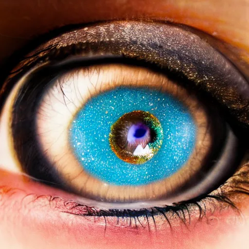 Image similar to a surrealist photograph of a beautiful girl's eyes, vast stars are hidden in the eyes, 8 k, stunning, dream, highly detailed, super macro