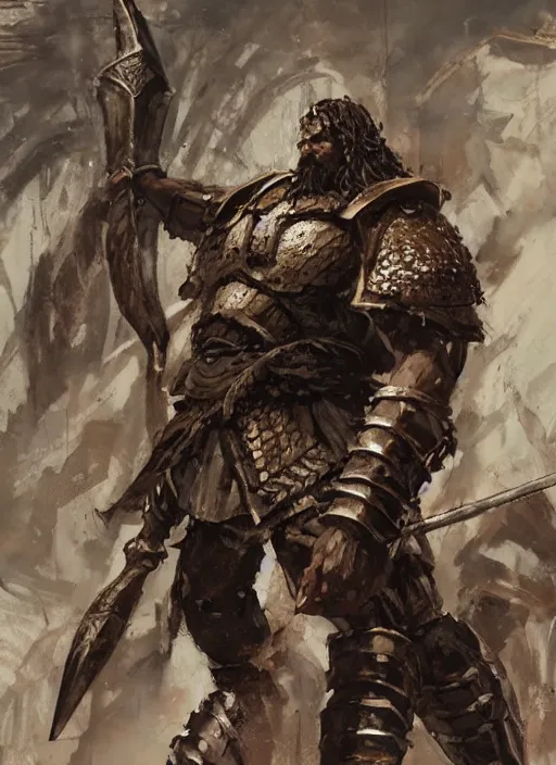 Image similar to ancient historically accurate depiction of the Bible Character Goliath of Gath, the Philistine warrior giant in ancient persian chainmail armor, dramatic lighting art by Yoji Shinkawa by Richard Schmid by greg rutkowski by Sandra Chevrier by Jeremy Lipking cinematic dramatic