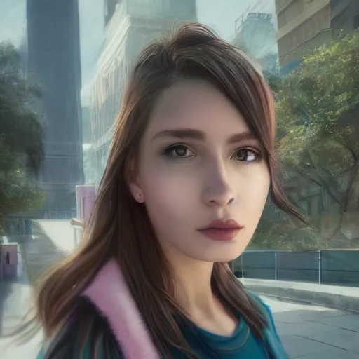 Image similar to selfie of a young woman, winged eyeliner, pastel clothing, urban environment, depth of field, octane render, digital painting, trending on artstation