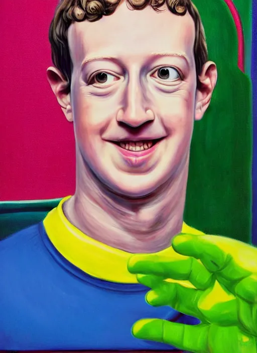 Prompt: Mark Zuckerberg looks anxious dressed as a Teletubbies, hyperfeminine, oil on canvas painting from rococo era Mark Zuckerberg portrait, Mattel product, vintage advertisement CMYK coloured lithography in the style of Bjork, in the style of David O\'Reilly, directed by David Cronenberg, weirdcore cursed POV hidden