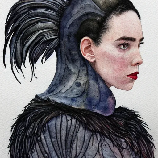 Image similar to full body detailed watercolor illustration of alien jennifer connelly mixed with anya taylor - joy, reading a book, unsettling, hooded long black feathered cloak, uncanny valley, with black feathers instead of hair, gothic, guillermo del toro, gray mottled skin, pale and sickly, profile view, - - ar 9 : 1 6